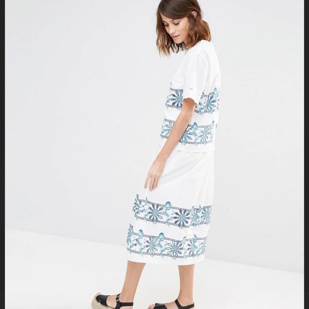 Warehouse Embroidered Cutwork Midi Skirt